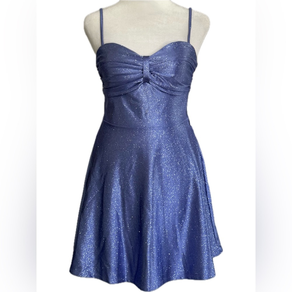 Windsor Women’s Twinkle Season Glitter Satin Skater Blue Dress